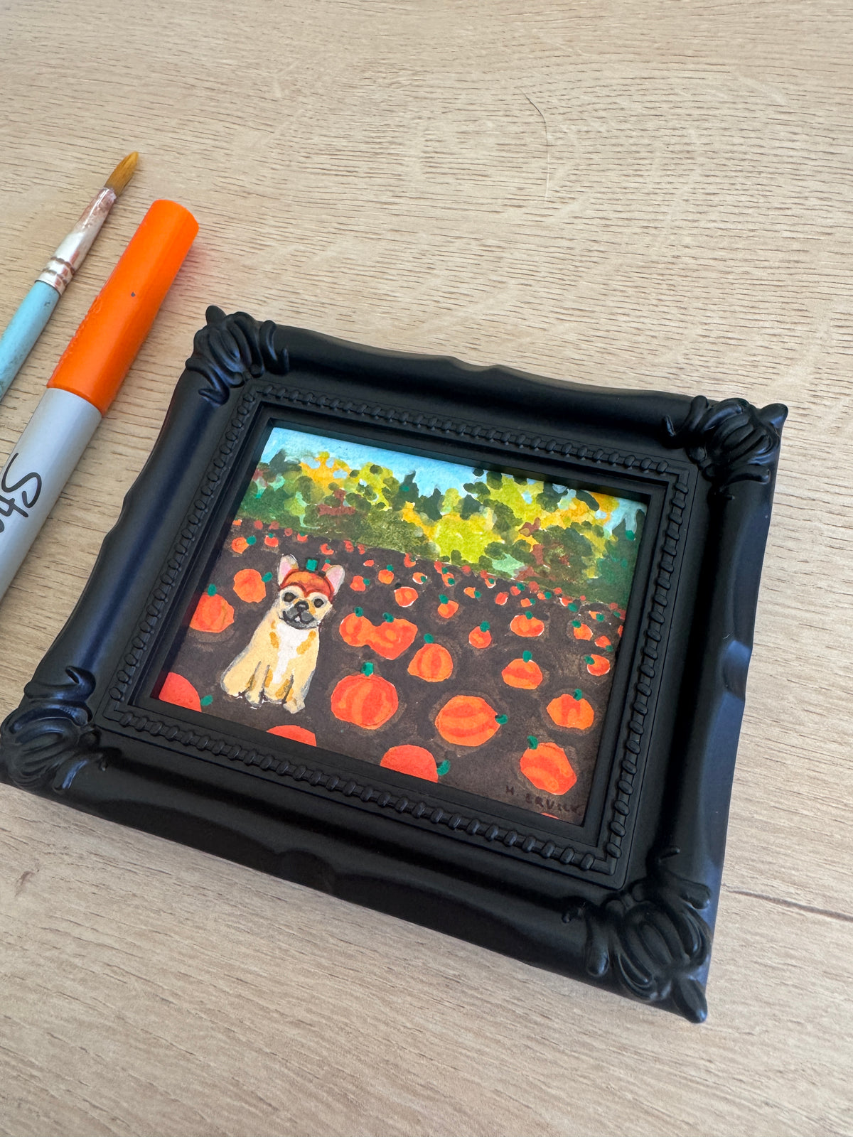 Day 7: Tiny Frenchie in a Pumpkin Patch Original Spooky Cutie