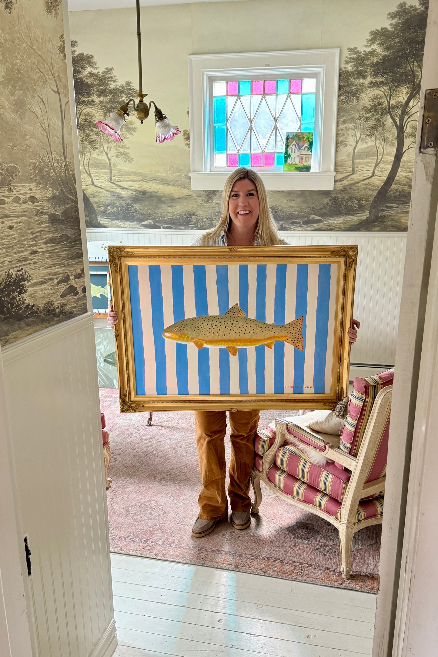 Original Painting - Bob the Brown Trout - Acrylic on Canvas in Vintage Gold Frame