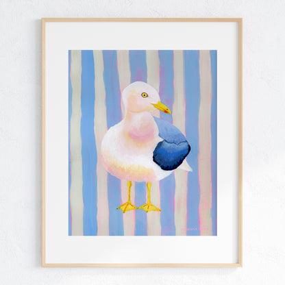 2 Print Set - Striped Seagull Paintings - "Blue Chubby Seagull" and "Yellow Chonky Seagull"