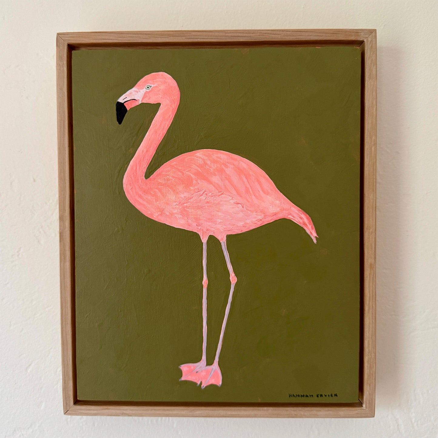 Original Flamingo Painting in White Oak Frame