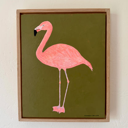 Original Flamingo Painting in White Oak Frame