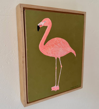 Original Flamingo Painting in White Oak Frame