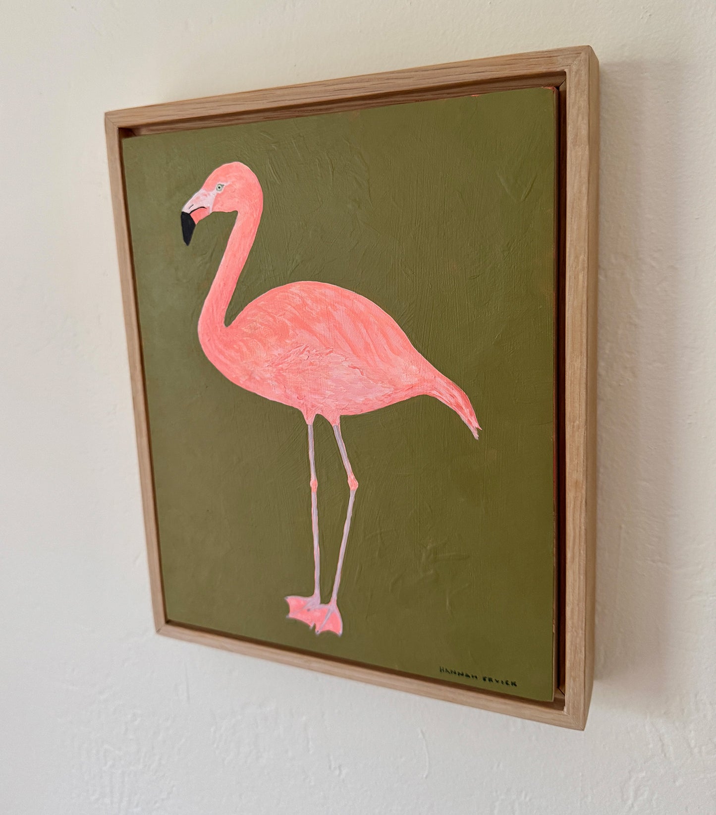 Original Flamingo Painting in White Oak Frame