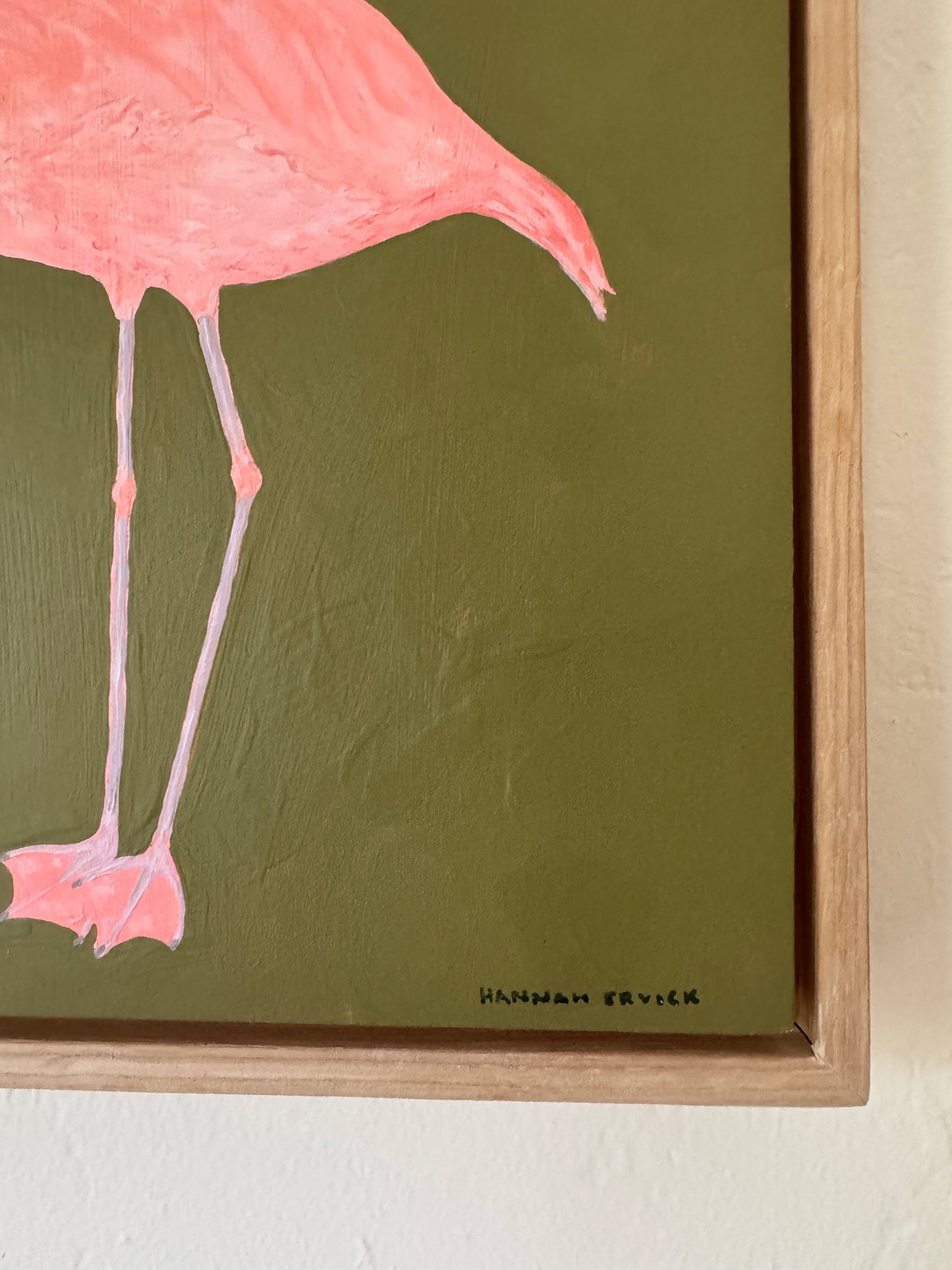 Original Flamingo Painting in White Oak Frame