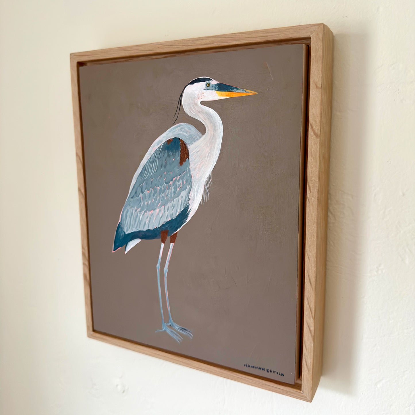 Original Blue Heron Painting in White Oak Frame