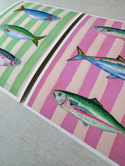 2 Print Striped Fish Set "Mint Striped Sardines" and "Pink Striped Mackerels"