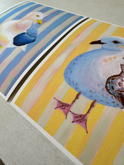 2 Print Set - Striped Seagull Paintings - "Blue Chubby Seagull" and "Yellow Chonky Seagull"