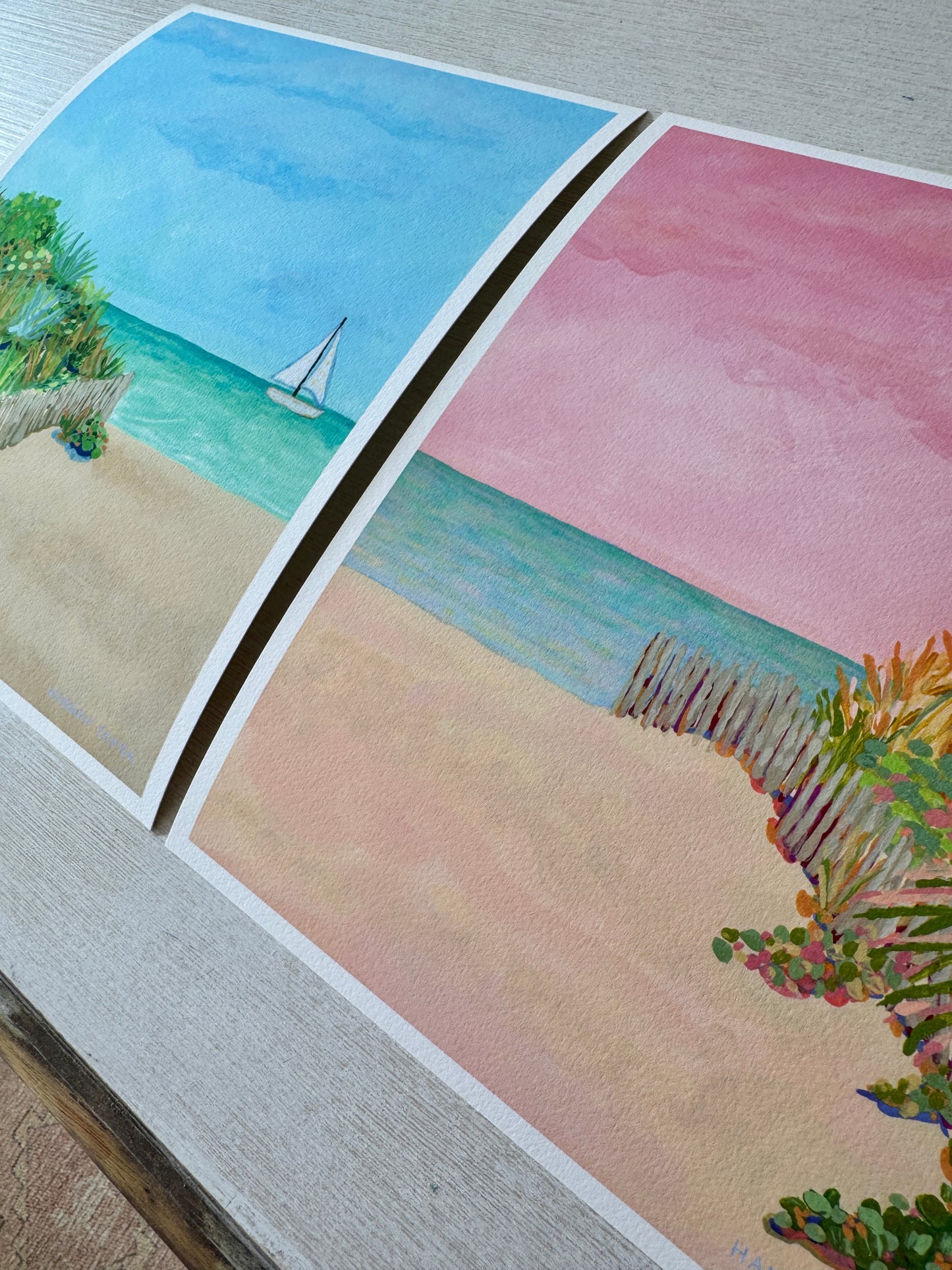 2 Print Set - Dune Grass Beach Paintings - "Blue Calm Dunes" and "Pink Glow Dunes"