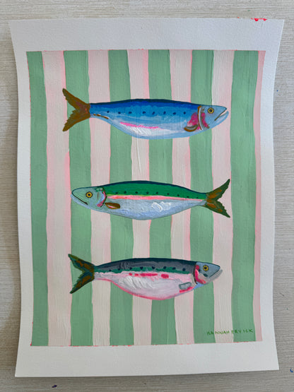 ORIGINAL PAINTING on paper- Striped Fish Paintings - "Mint Striped Sardines"