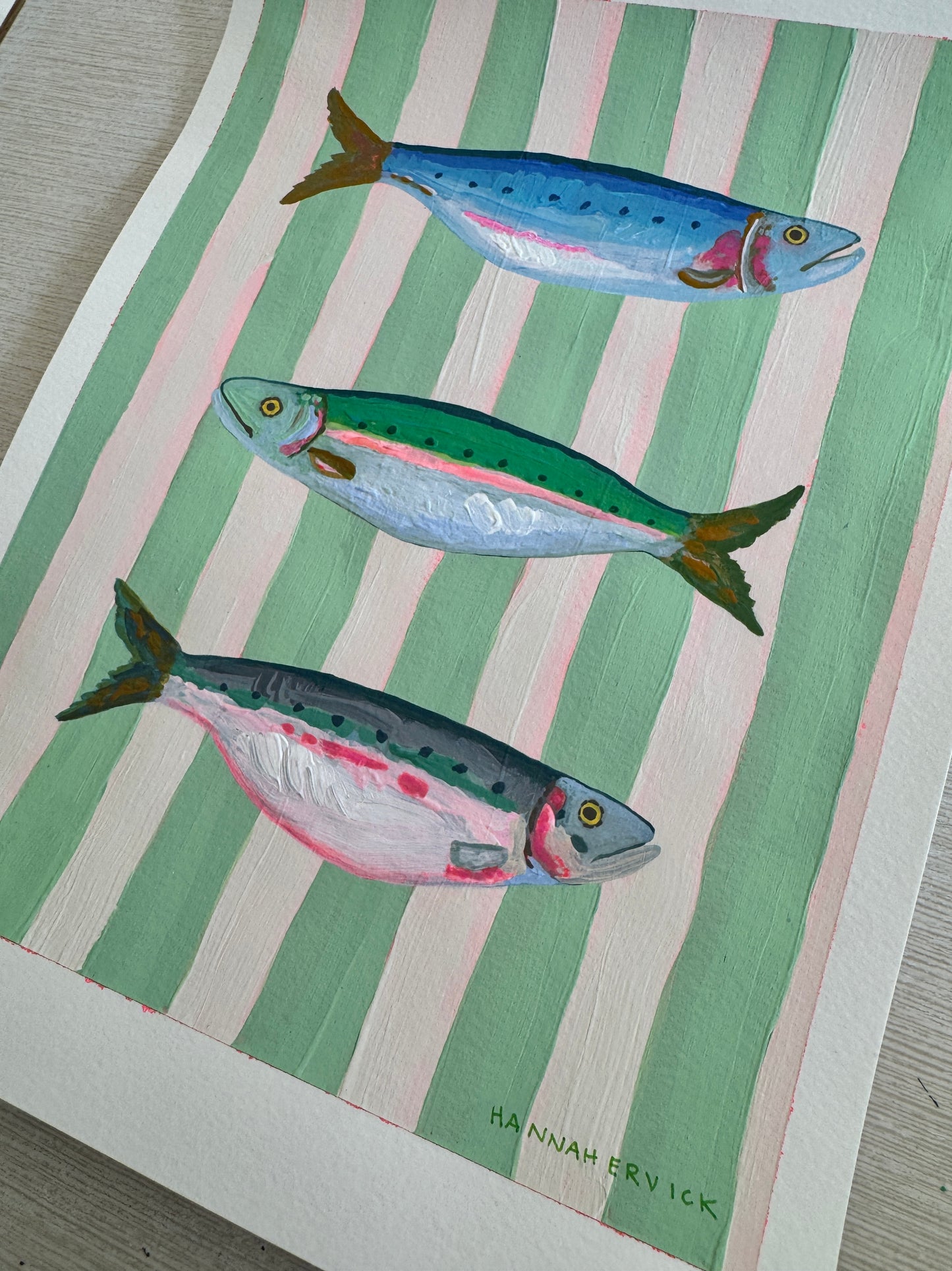 ORIGINAL PAINTING on paper- Striped Fish Paintings - "Mint Striped Sardines"