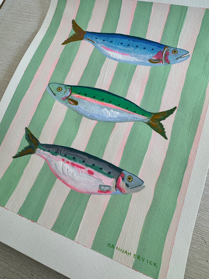 ORIGINAL PAINTING on paper- Striped Fish Paintings - "Mint Striped Sardines"