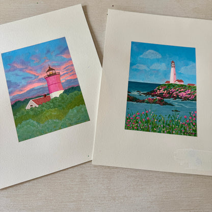 2 ORIGINAL PAINTINGS Set - Two Lighthouse Paintings - "Beacon Among the Trees" and "Still Waters Steady Light"