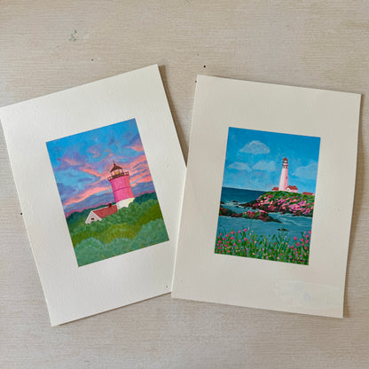 2 ORIGINAL PAINTINGS Set - Two Lighthouse Paintings - "Beacon Among the Trees" and "Still Waters Steady Light"