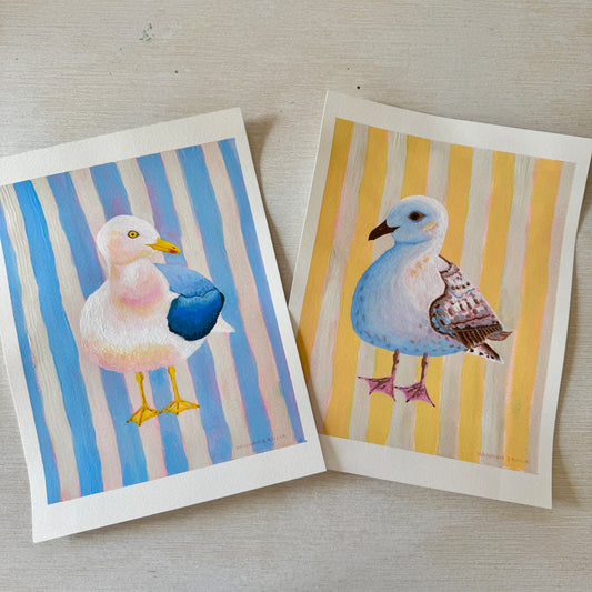 2 ORIGINAL PAINTINGS Set - Striped Seagull Paintings - "Blue Chubby Seagull" and "Yellow Chonky Seagull"