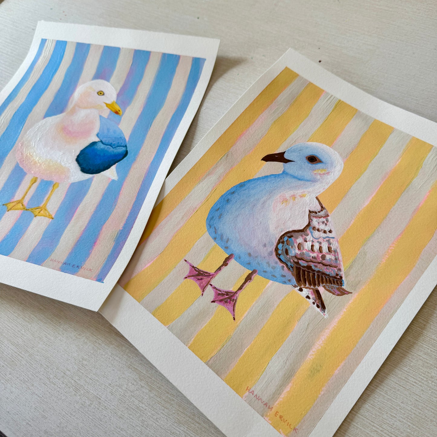 2 ORIGINAL PAINTINGS Set - Striped Seagull Paintings - "Blue Chubby Seagull" and "Yellow Chonky Seagull"