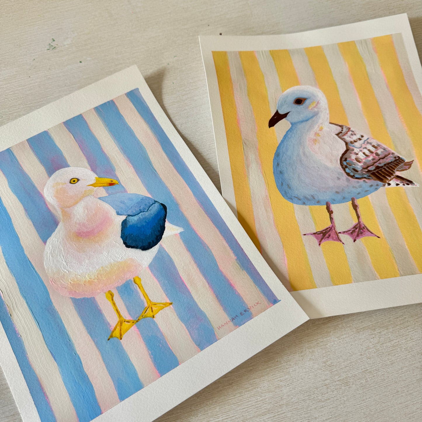 2 ORIGINAL PAINTINGS Set - Striped Seagull Paintings - "Blue Chubby Seagull" and "Yellow Chonky Seagull"