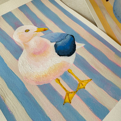 2 ORIGINAL PAINTINGS Set - Striped Seagull Paintings - "Blue Chubby Seagull" and "Yellow Chonky Seagull"