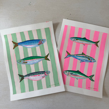 2 ORIGINAL PAINTINGS Set - Striped Fish Paintings - "Mint Striped Sardines" and "Pink Striped Mackerels"
