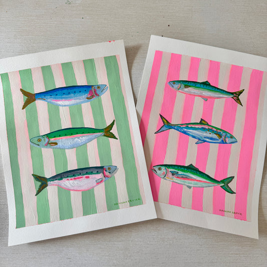 2 ORIGINAL PAINTINGS Set - Striped Fish Paintings - "Mint Striped Sardines" and "Pink Striped Mackerels"