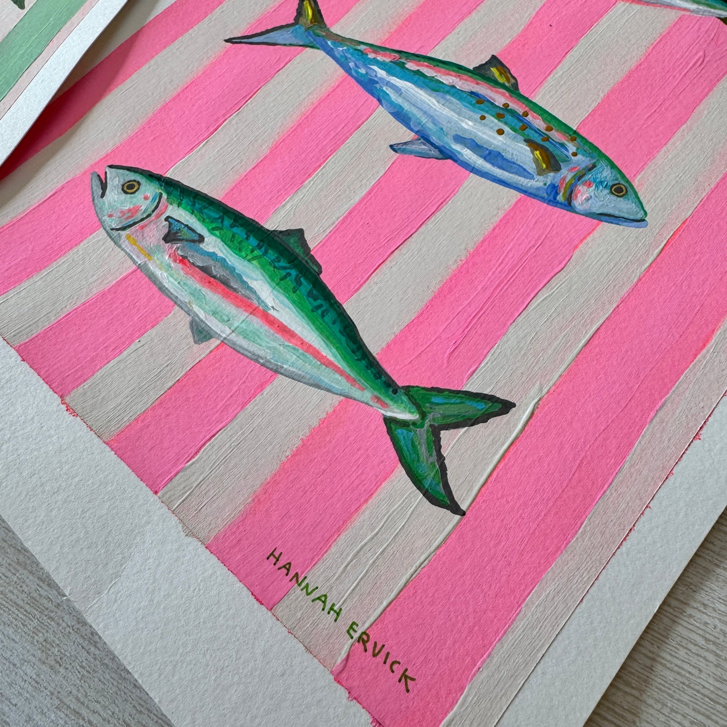 2 ORIGINAL PAINTINGS Set - Striped Fish Paintings - "Mint Striped Sardines" and "Pink Striped Mackerels"