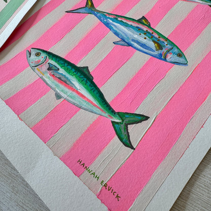 2 ORIGINAL PAINTINGS Set - Striped Fish Paintings - "Mint Striped Sardines" and "Pink Striped Mackerels"