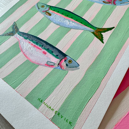 2 ORIGINAL PAINTINGS Set - Striped Fish Paintings - "Mint Striped Sardines" and "Pink Striped Mackerels"
