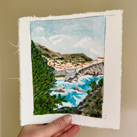 Original Tiny Landscape Painting of Croatia - "Dubrovnik Harbor" - Acrylic on Canvas