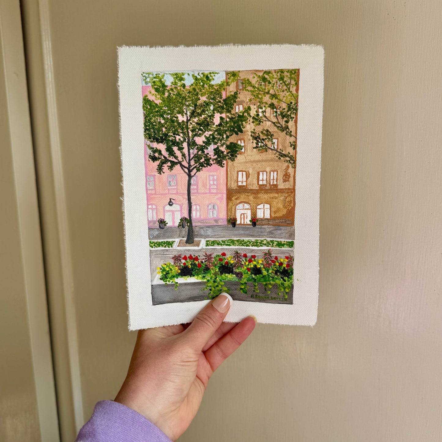 Original Tiny Landscape Painting of Norway "Oslo Buildings" - Acrylic on Canvas