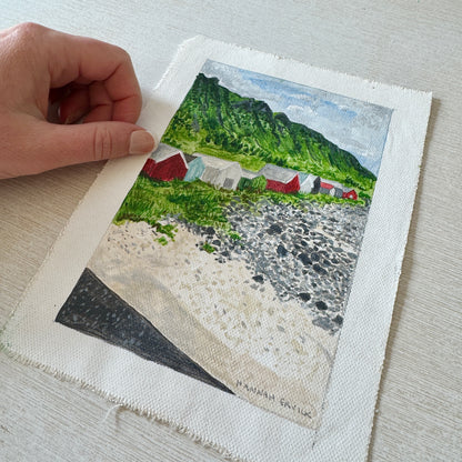 Original Tiny Landscape Painting "Norway Beach Huts" - Acrylic on Canvas
