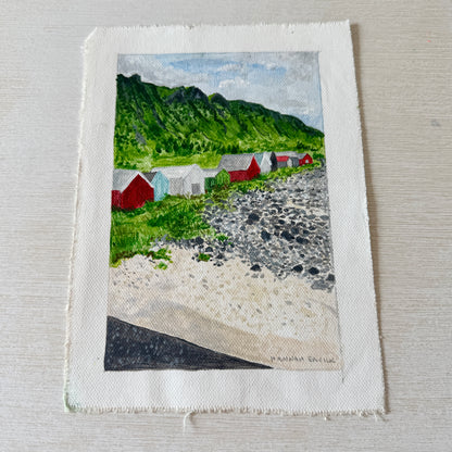 Original Tiny Landscape Painting "Norway Beach Huts" - Acrylic on Canvas