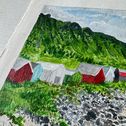 Original Tiny Landscape Painting "Norway Beach Huts" - Acrylic on Canvas