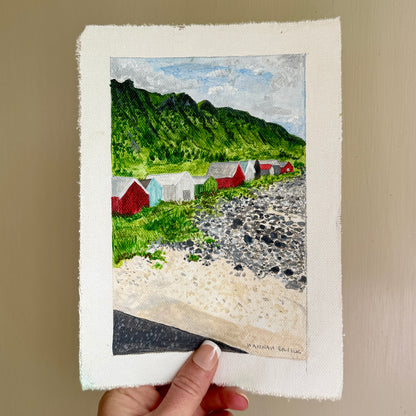 Original Tiny Landscape Painting "Norway Beach Huts" - Acrylic on Canvas