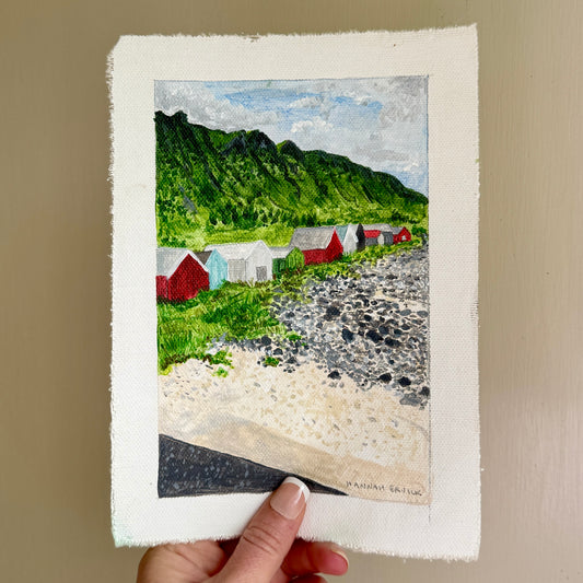 Original Tiny Landscape Painting "Norway Beach Huts" - Acrylic on Canvas