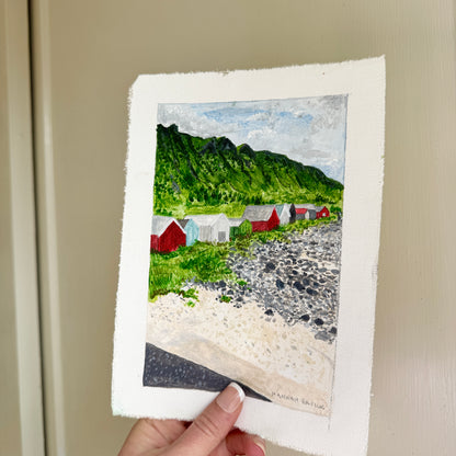 Original Tiny Landscape Painting "Norway Beach Huts" - Acrylic on Canvas
