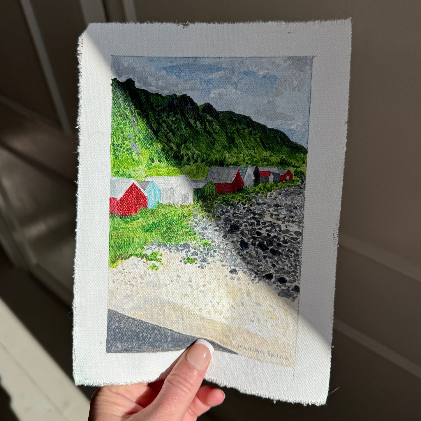 Original Tiny Landscape Painting "Norway Beach Huts" - Acrylic on Canvas