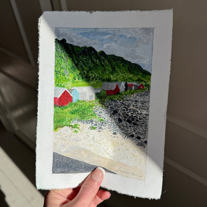 Original Tiny Landscape Painting "Norway Beach Huts" - Acrylic on Canvas