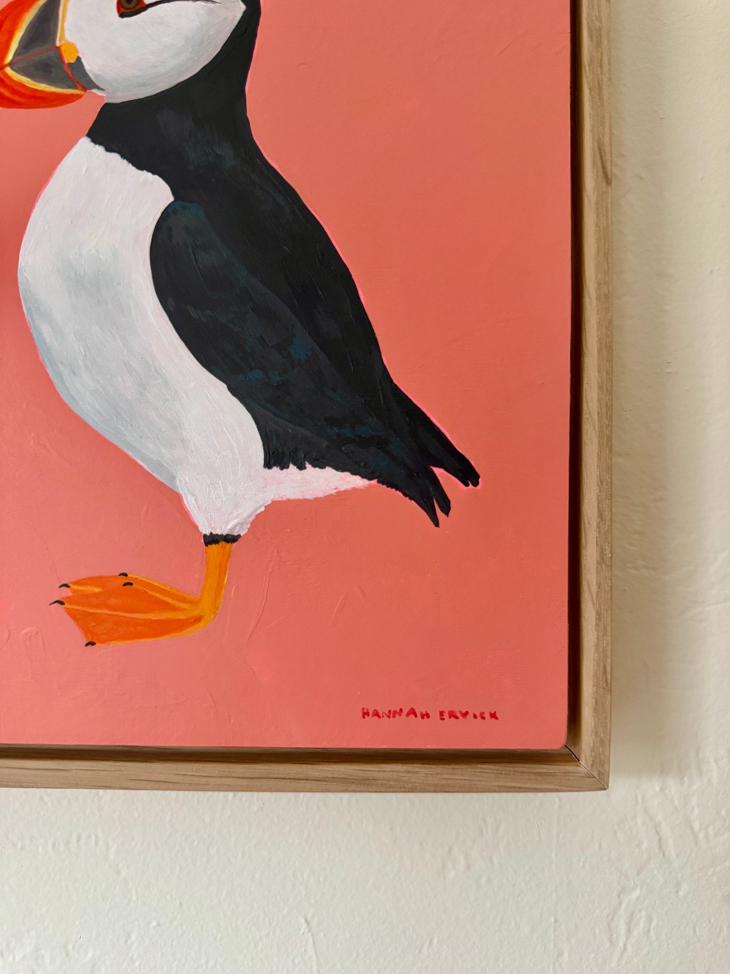Puffin Original Painting in White Oak Frame