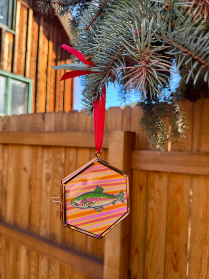 ON HOLD "Larry" Hand Painted Trout Ornament - Hexagon Glass Striped Fish Christmas Ornament