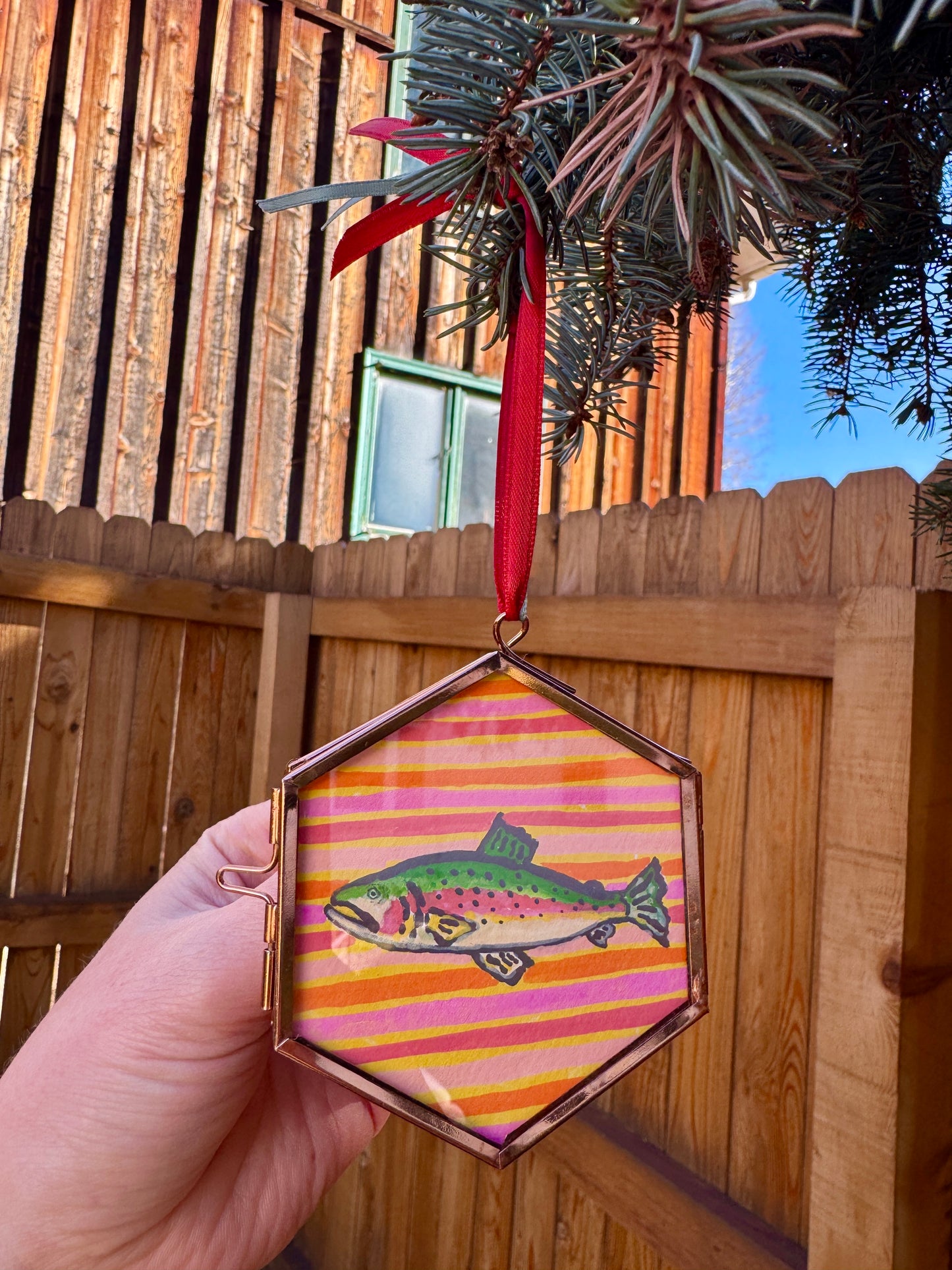 ON HOLD "Larry" Hand Painted Trout Ornament - Hexagon Glass Striped Fish Christmas Ornament
