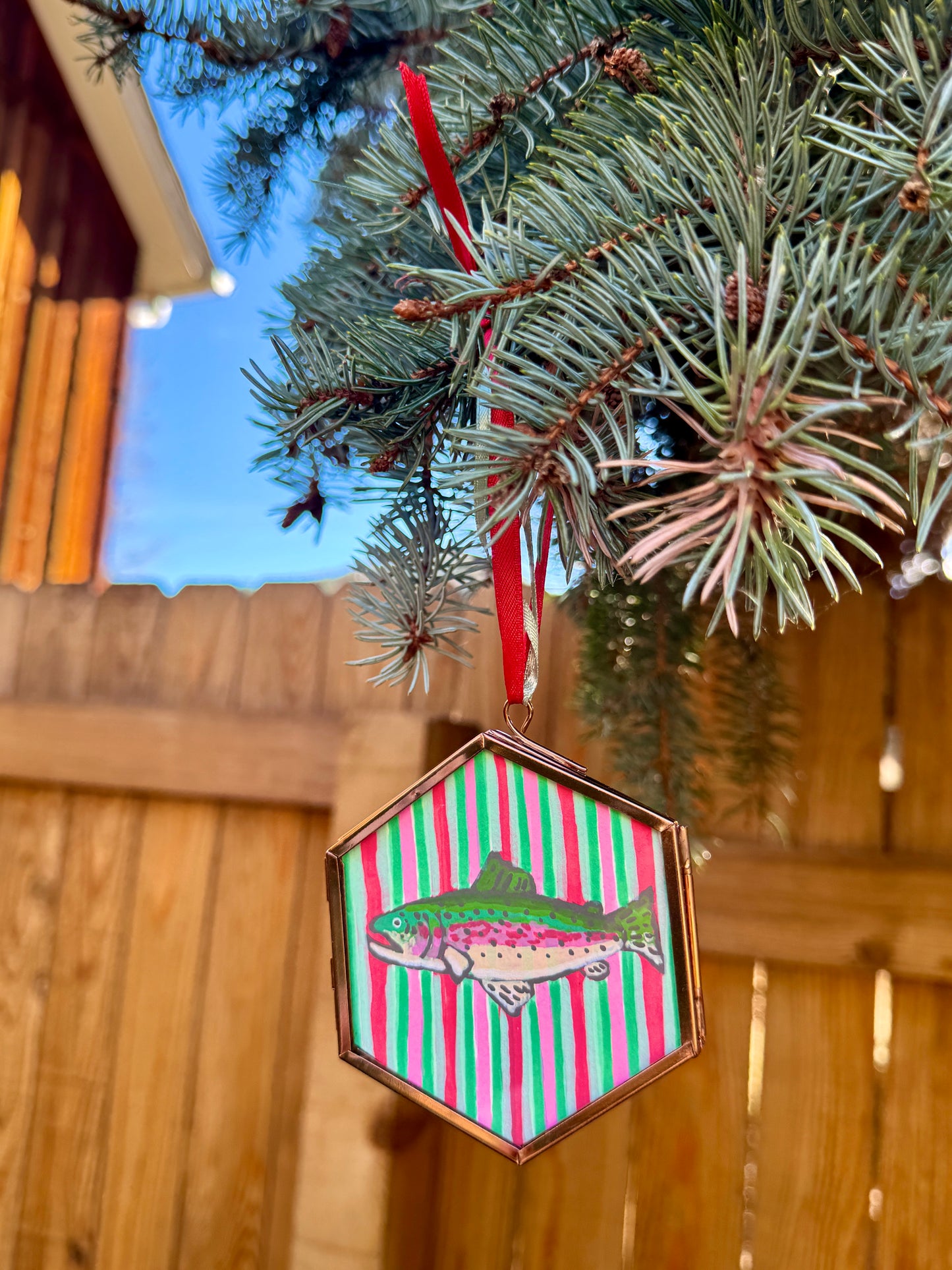 "St. Nick" Hand Painted Trout Ornament - Hexagon Glass Striped Fish Christmas Ornament