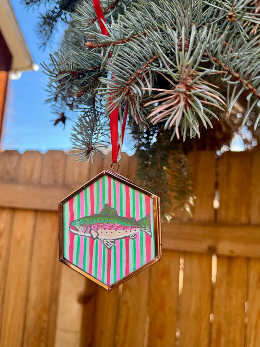 "St. Nick" Hand Painted Trout Ornament - Hexagon Glass Striped Fish Christmas Ornament