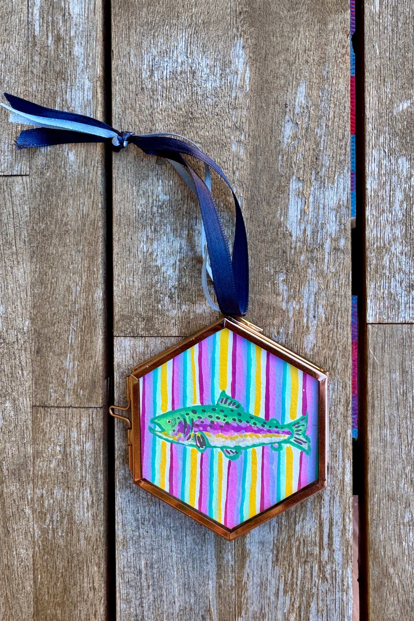 "Lavender" Hand Painted Trout Ornament - Hexagon Glass Striped Fish Christmas Ornament