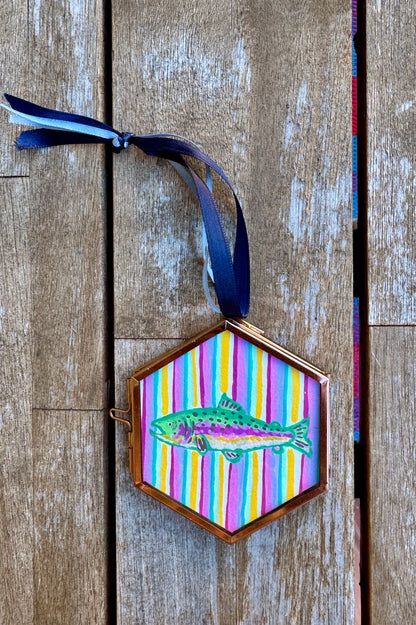 "Lavender" Hand Painted Trout Ornament - Hexagon Glass Striped Fish Christmas Ornament