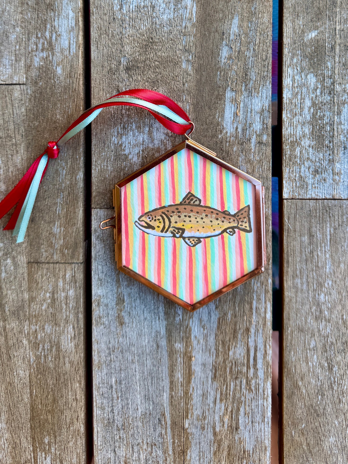 "Telluride" Hand Painted Trout Ornament - Hexagon Glass Striped Fish Christmas Ornament