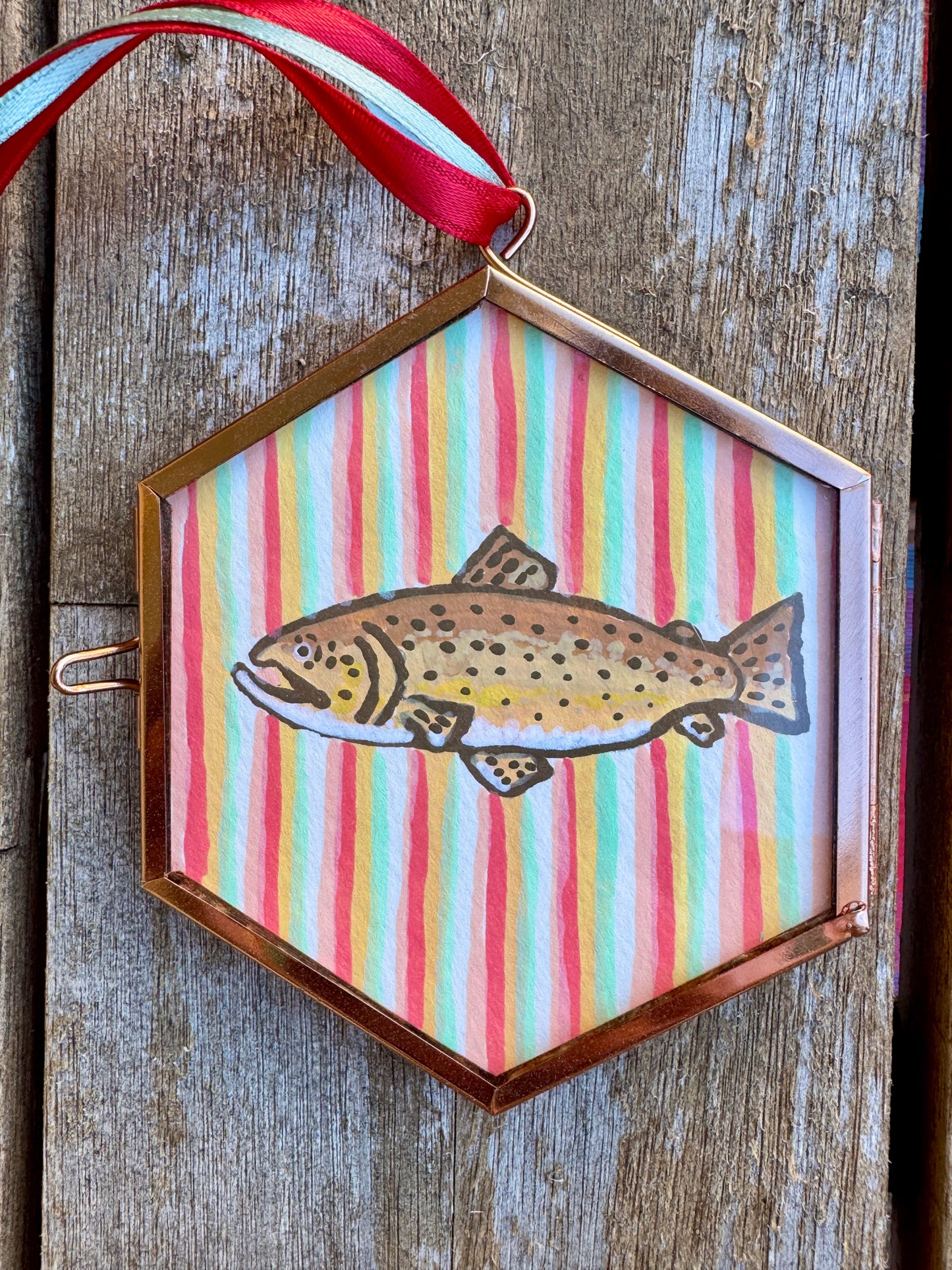 "Telluride" Hand Painted Trout Ornament - Hexagon Glass Striped Fish Christmas Ornament