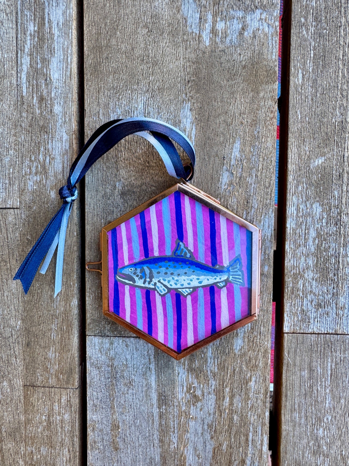 "Panama Jack" Hand Painted Trout Ornament - Hexagon Glass Striped Fish Christmas Ornament