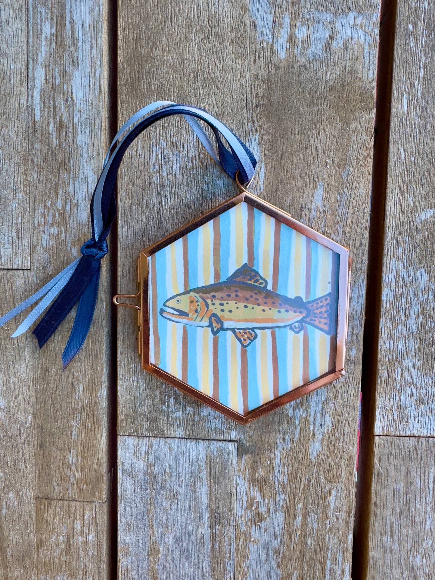 "Barnacle Bill" Hand Painted Trout Ornament - Hexagon Glass Striped Fish Christmas Ornament