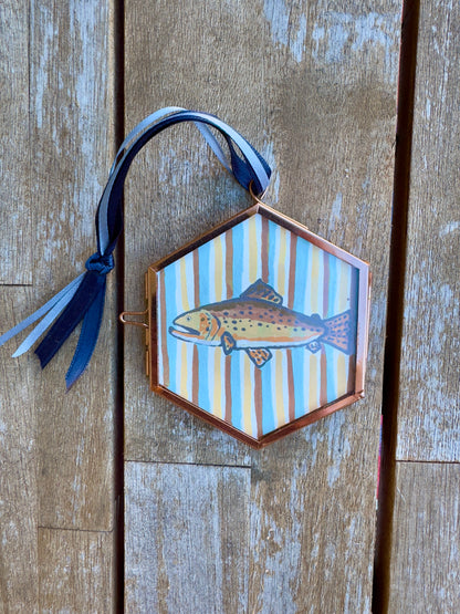 "Barnacle Bill" Hand Painted Trout Ornament - Hexagon Glass Striped Fish Christmas Ornament