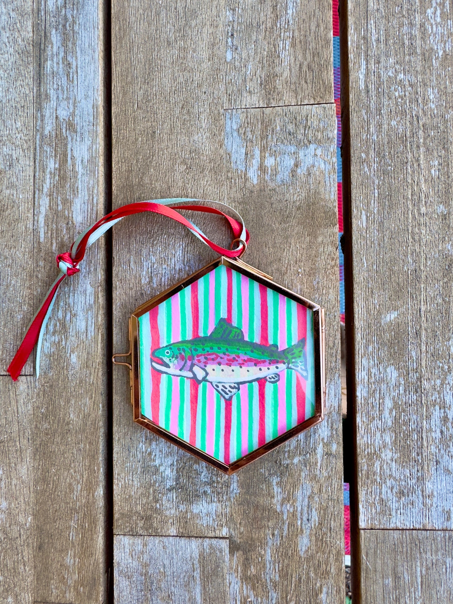 "St. Nick" Hand Painted Trout Ornament - Hexagon Glass Striped Fish Christmas Ornament