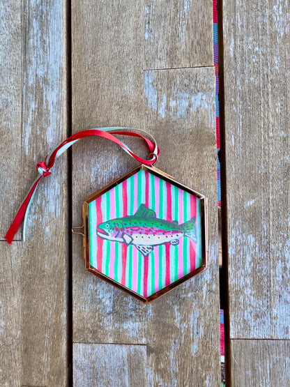 "St. Nick" Hand Painted Trout Ornament - Hexagon Glass Striped Fish Christmas Ornament